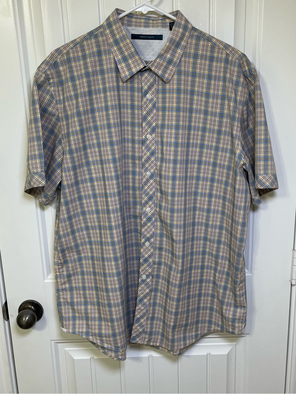 Perry Ellis Men's XXL Short Sleeve Button Up Shirt Plaid Blue Yellow 100% Cotton